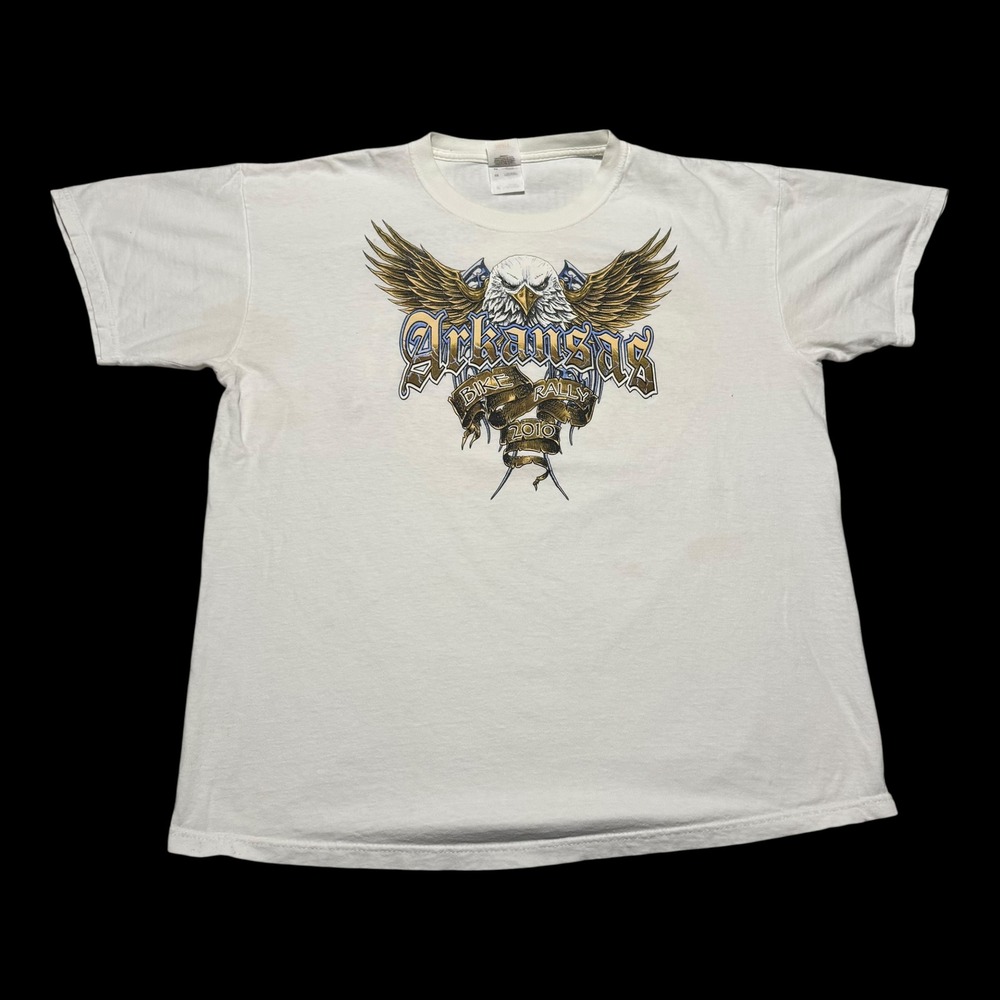 2010 Fruit of the Loom Arkansas Bike Rally White Shirt Men's XL FLAWS
